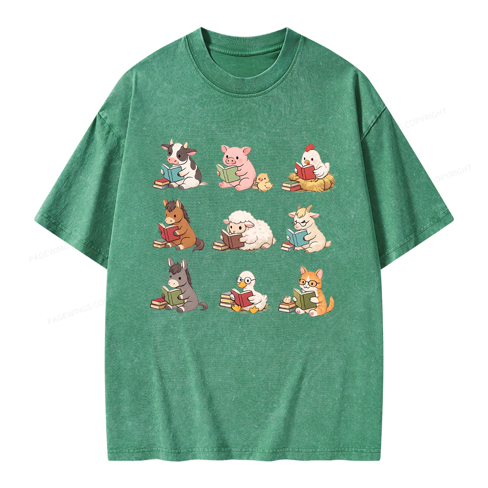 Pagewing Farm Animals Reading Unisex Washed T-shirt