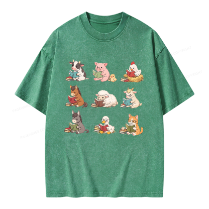 Pagewing Farm Animals Reading Unisex Washed T-shirt