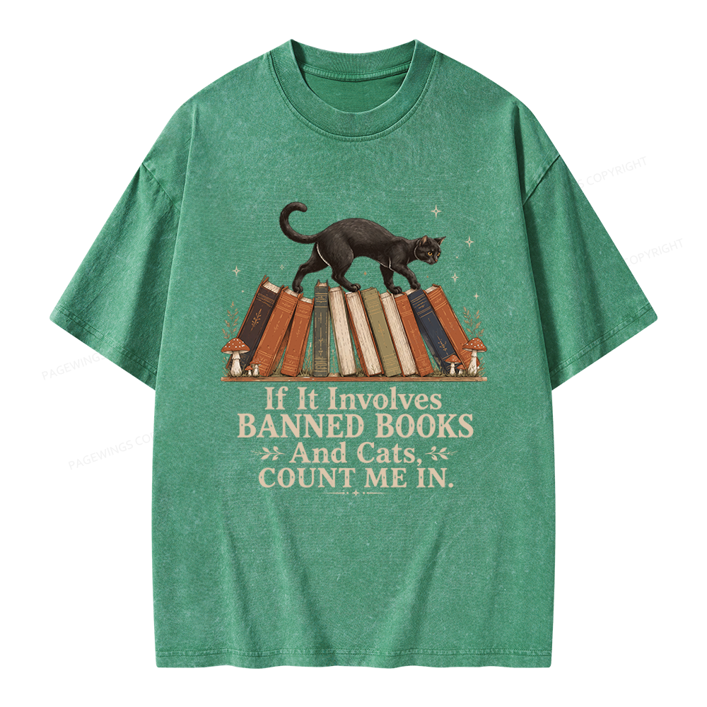 Pagewing Cat Read Banned Books Unisex Washed T-shirt