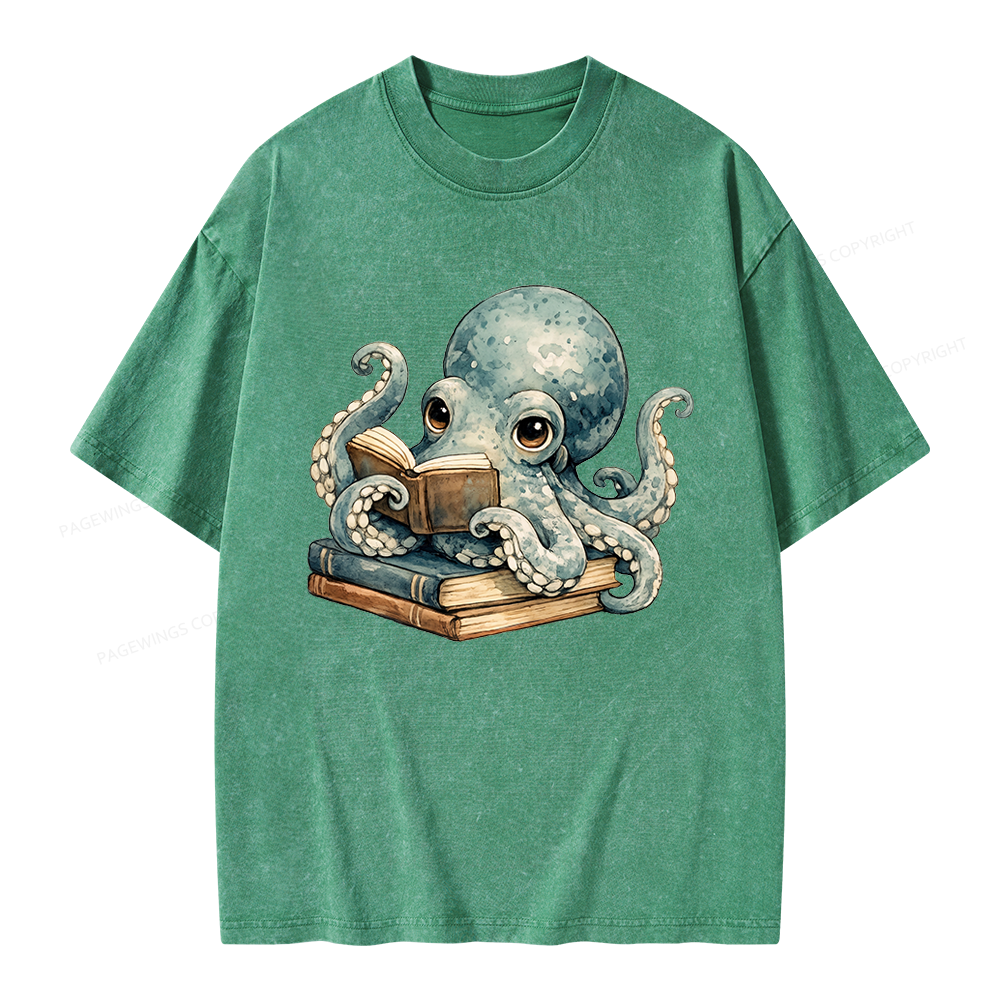 Pagewing Octopus Book Lover Unisex Washed T-shirt