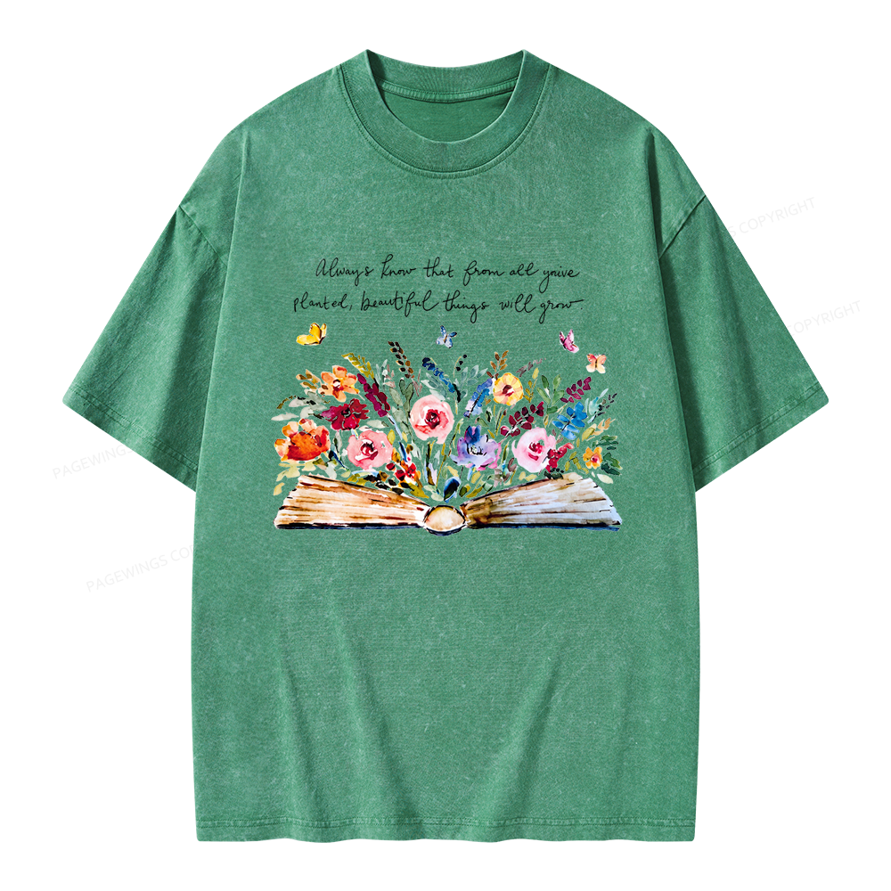 Pagewing Floral Book Unisex Washed T-shirt