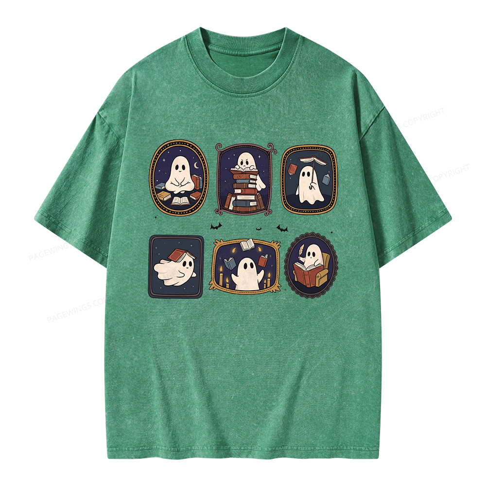 Pagewings Ghost Reading Book Unisex Washed T-shirt