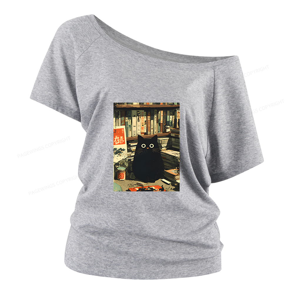 Pagewings Vintage Cat Book Lovers Women Off Shoulder T-shirts