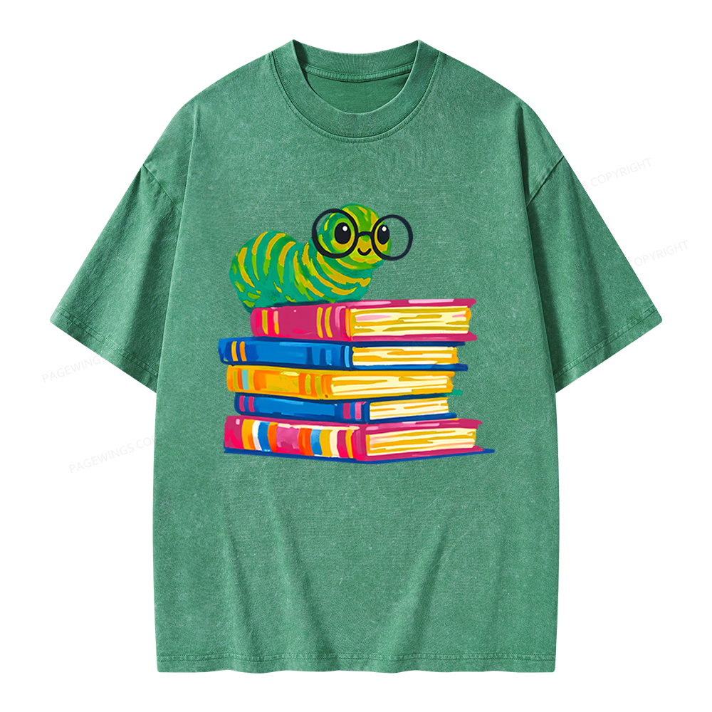 Pagewings Cute Reading Worm Unisex Washed T-shirt