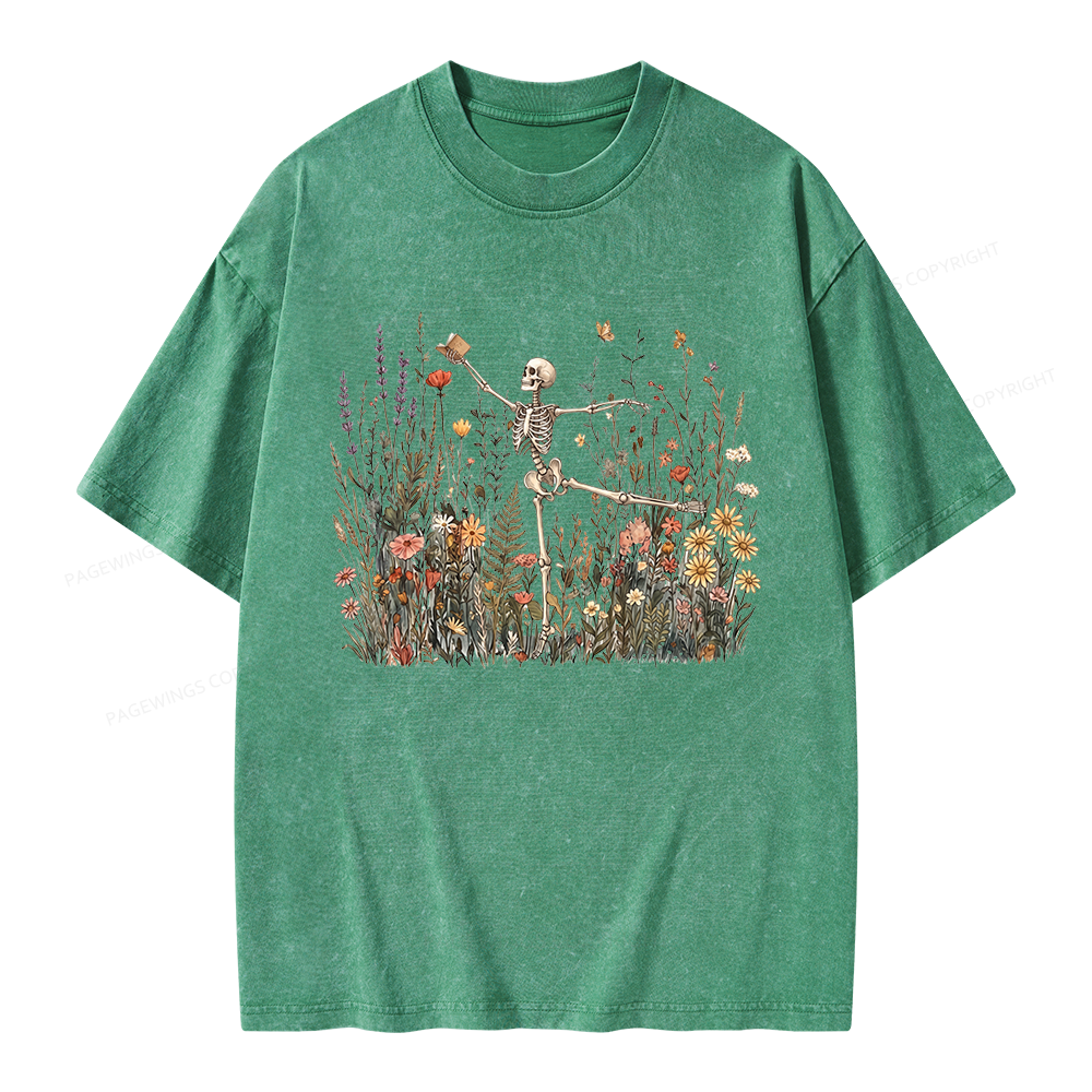 Pagewings Skeleton Reading Unisex Washed T-shirt