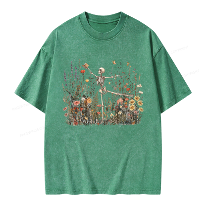 Pagewings Skeleton Reading Unisex Washed T-shirt