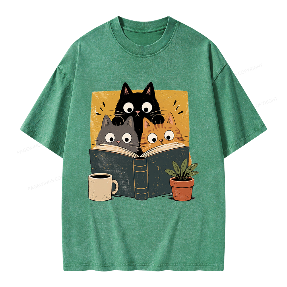 Pagewings Retro Curious Reading Cats Unisex Washed T-shirt