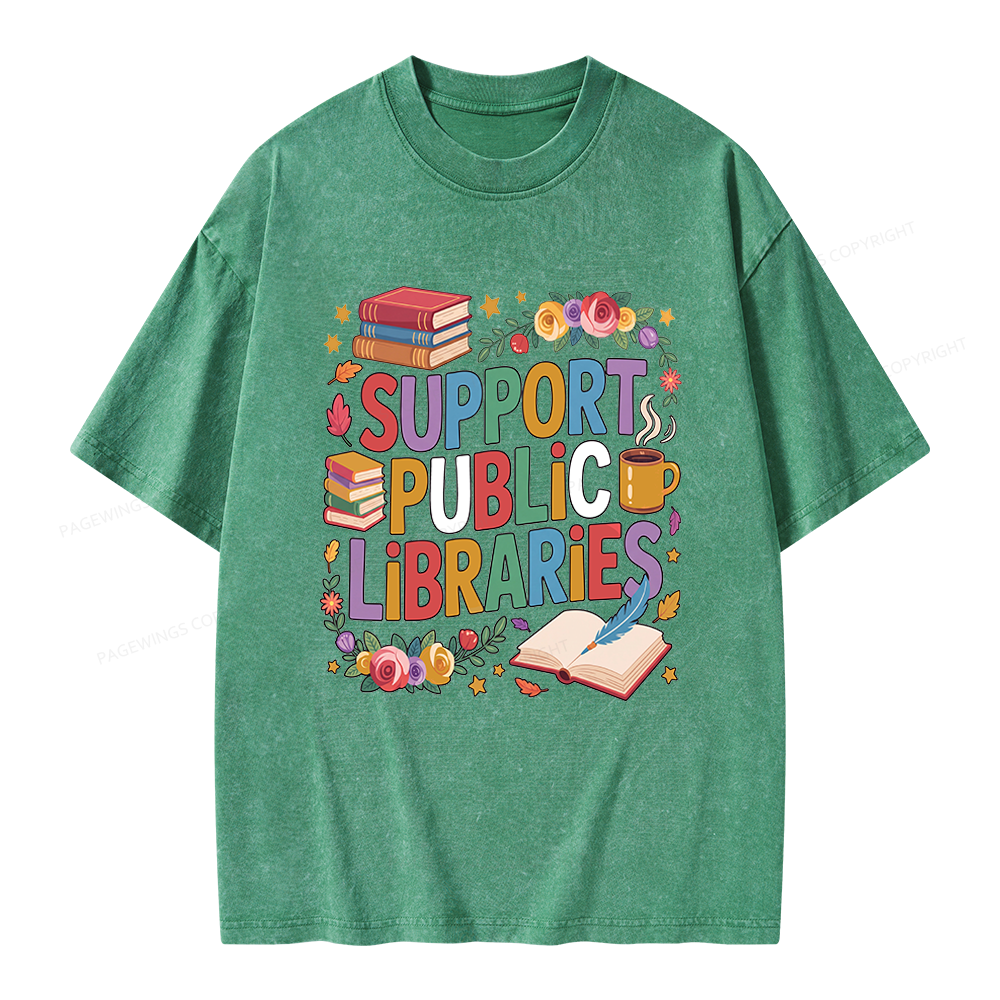 Pagewings Support Public Libraries Unisex Washed T-shirt