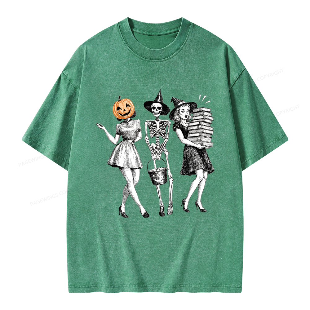 Pagewings Spooky Books Girl Unisex Washed T-shirt