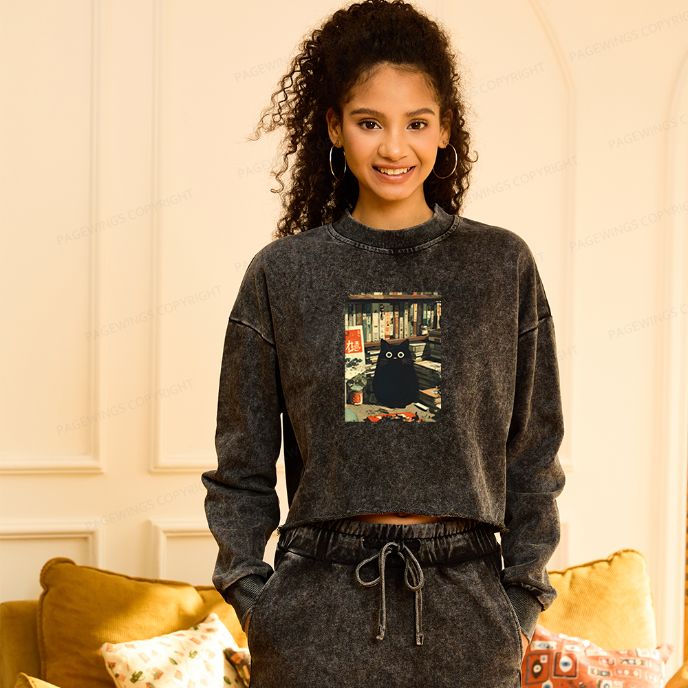 Pagewings Vintage Cat Book Lovers Washed Crop Sweatshirt