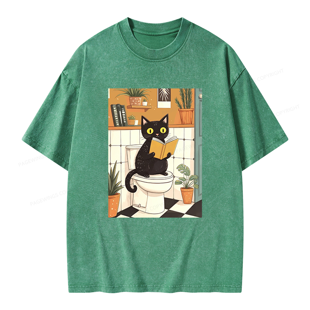 Pagewings Cat Reading on Toilet Unisex Washed T-shirt