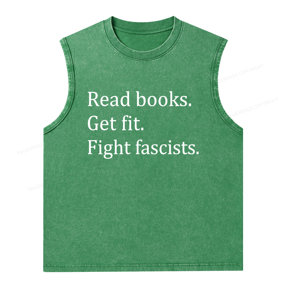 Pagewings Read Books Get Fit Fight Fascists Bookish Unisex Washed Tank Top