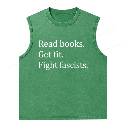 Pagewings Read Books Get Fit Fight Fascists Bookish Unisex Washed Tank Top