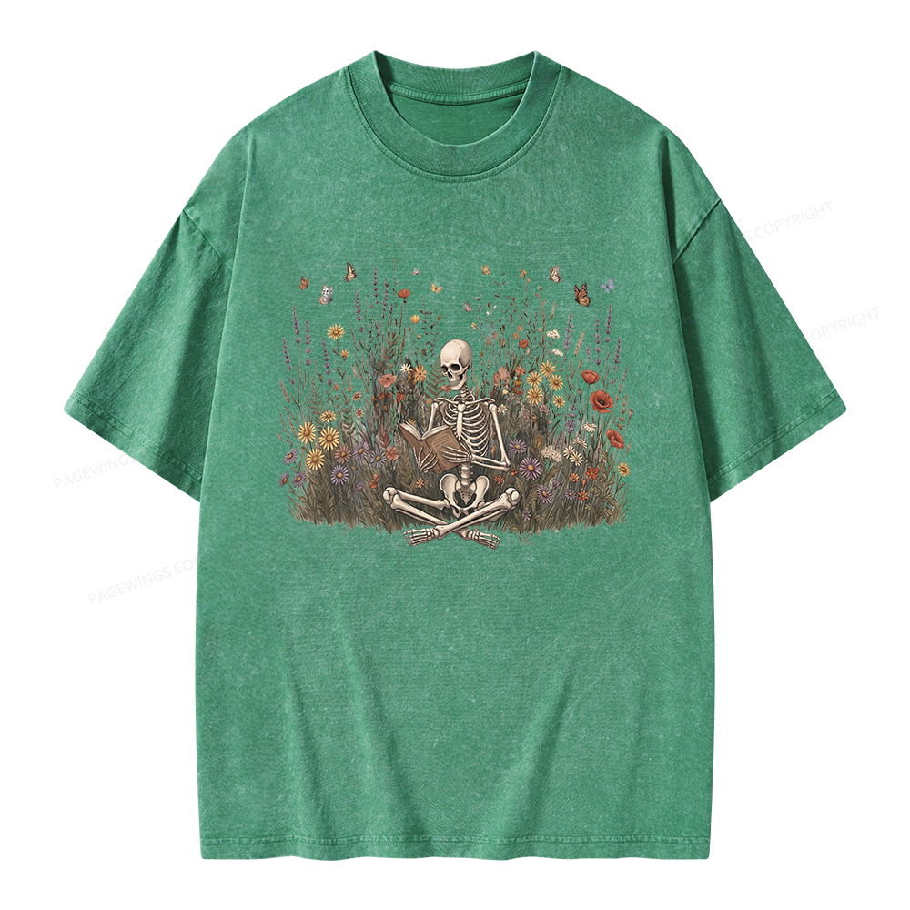 Pagewings Skeleton Reading Book Unisex Washed T-shirt