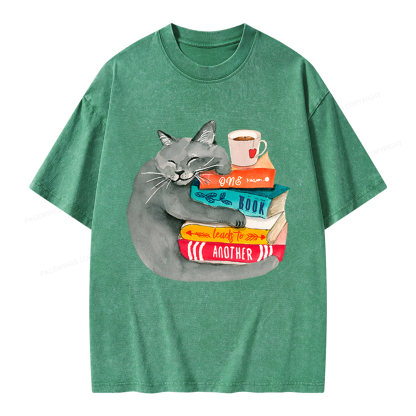 Pagewings Book Lover Cat Unisex Washed T-shirt