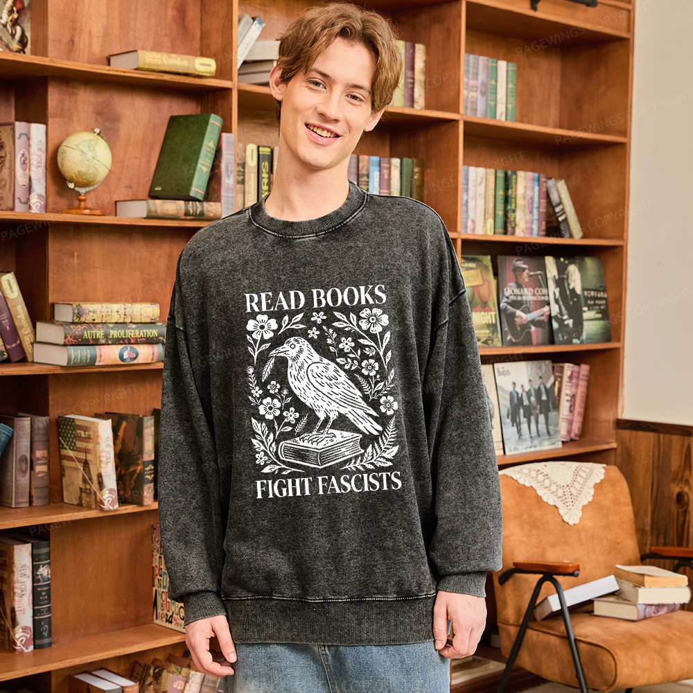 Pagewings Read Books Fight Fascists Unisex Washed Sweatshirt