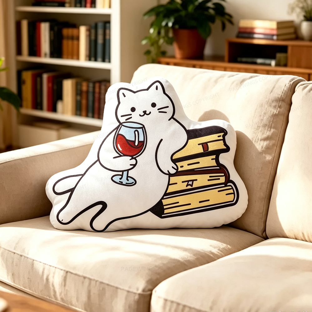 Pagewings Reading Cat Shaped Throw Pillow