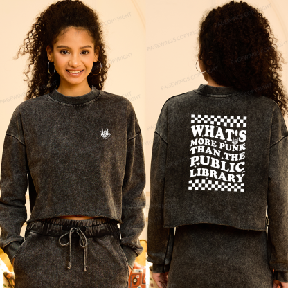 Pagewings Punk The Public Library Women Washed Crop Sweatshirt