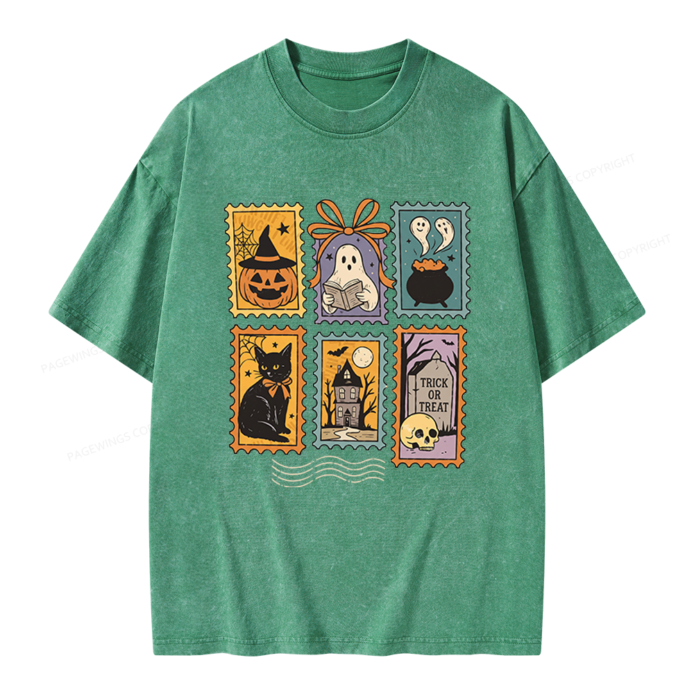 Pagewings Halloween Cute Ghost Pumpkin Cat Unisex Washed T-shirt