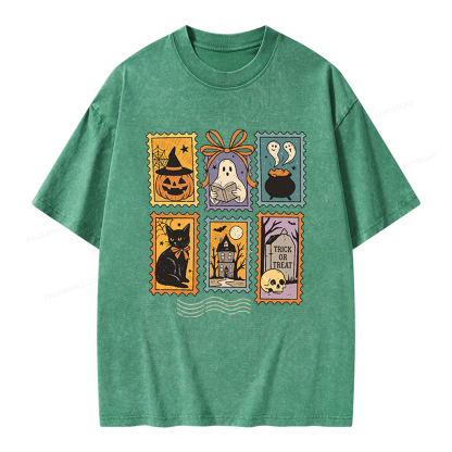 Pagewings Halloween Cute Ghost Pumpkin Cat Unisex Washed T-shirt