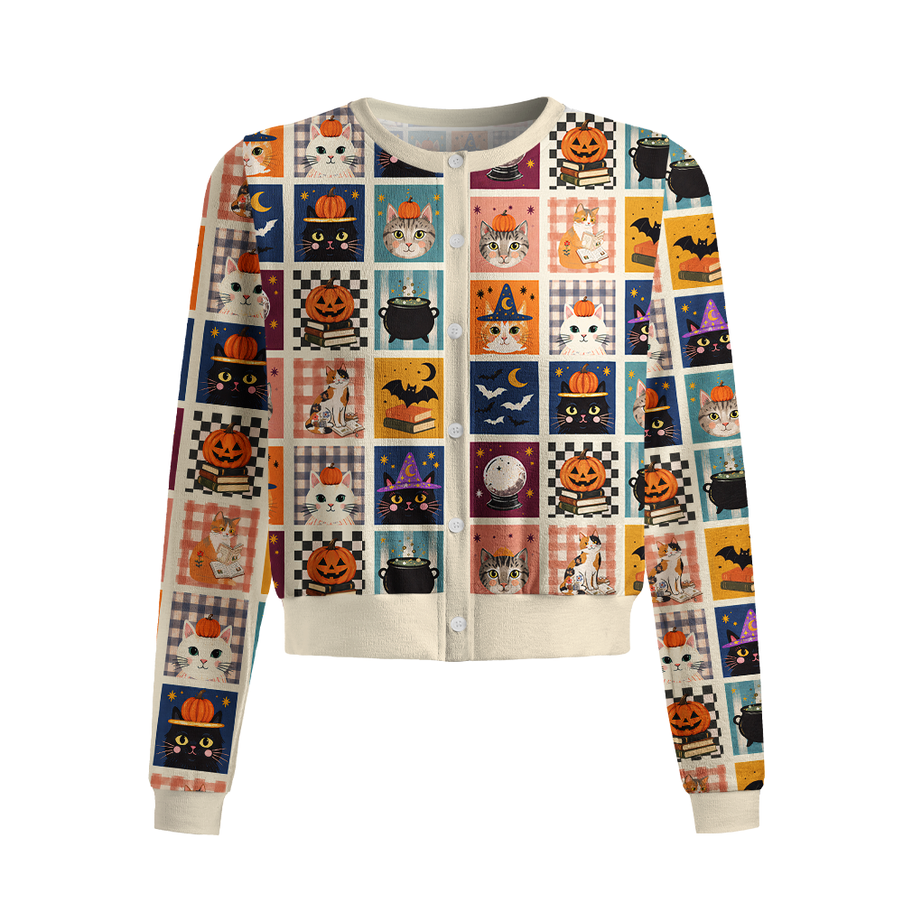 Pagewings Halloween Cat Reading Crew Neck Cardigan Sweaters