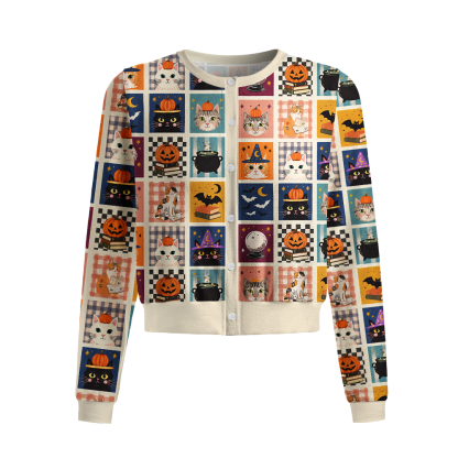Pagewings Halloween Cat Reading Crew Neck Cardigan Sweaters