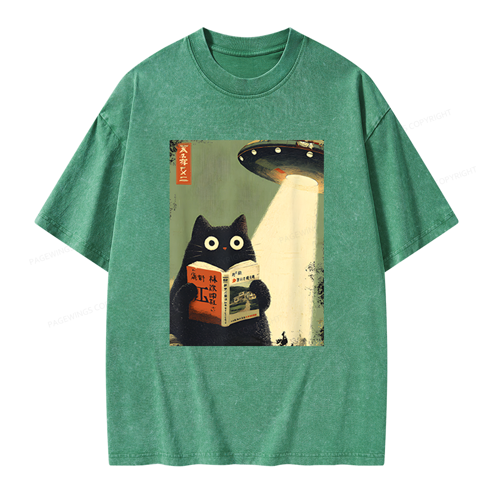 Pagewings Vintage Cat Book Lovers Unisex Washed T-shirt