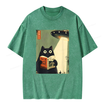 Pagewings Vintage Cat Book Lovers Unisex Washed T-shirt