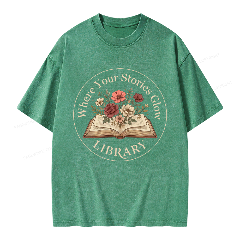 Pagewings Where Your Stories Glow Library Unisex Washed T-shirt