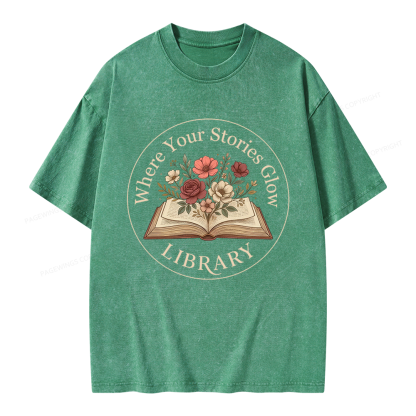 Pagewings Where Your Stories Glow Library Unisex Washed T-shirt