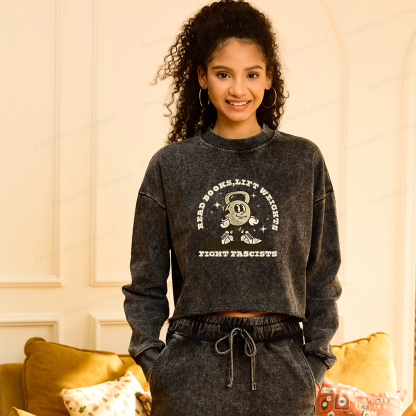 Pagewings Read Books Lift Weights Fight Fascists Washed Crop Sweatshirt