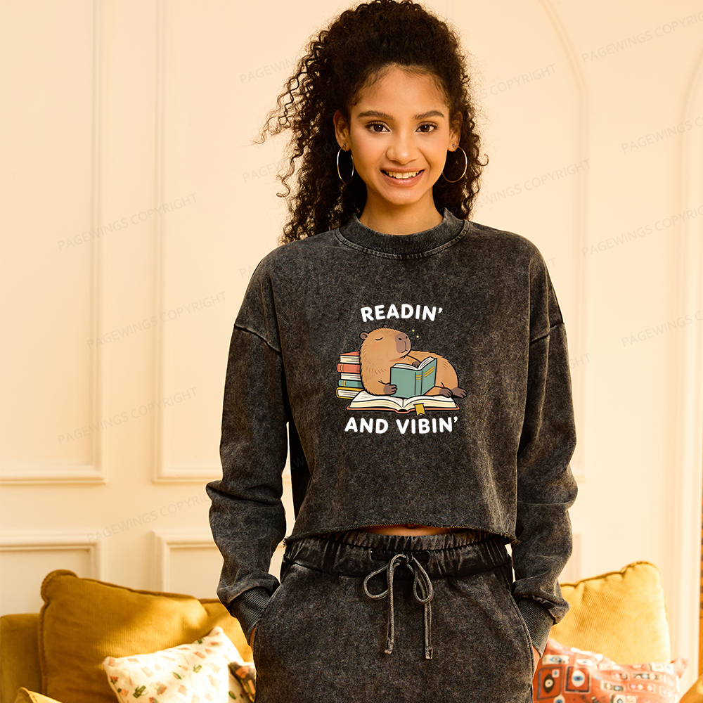 Pagewings Readin' And Vibin' Washed Crop Sweatshirt