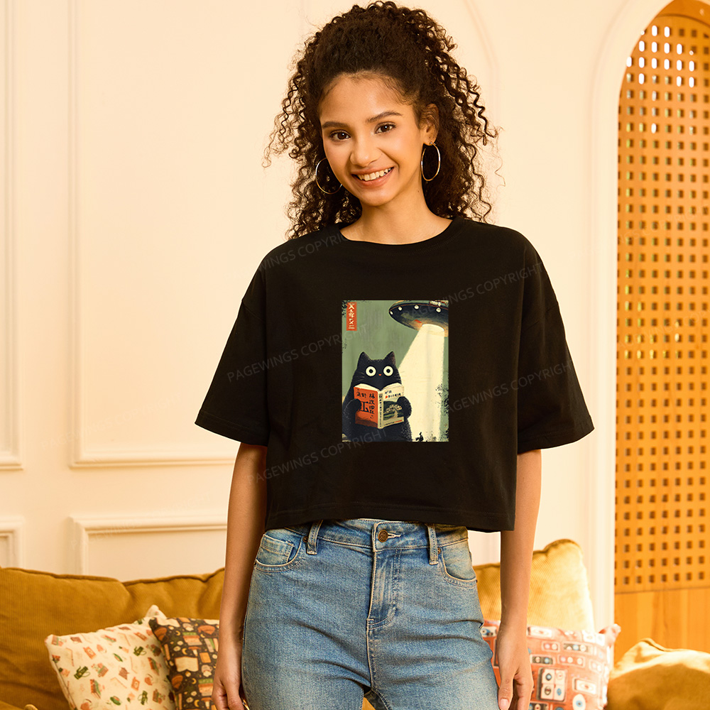 Pagewings Vintage Cat Book Lovers Women Crop Tops