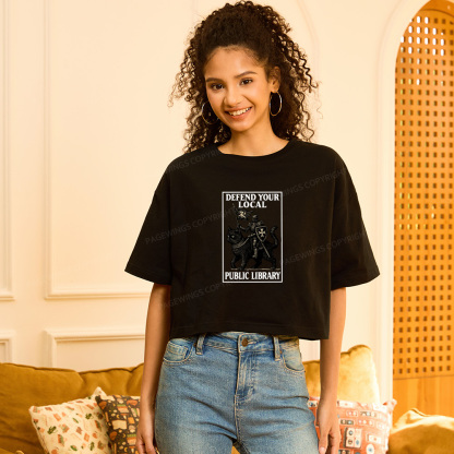 Pagewings Defend Your Local Library Women Crop Tops