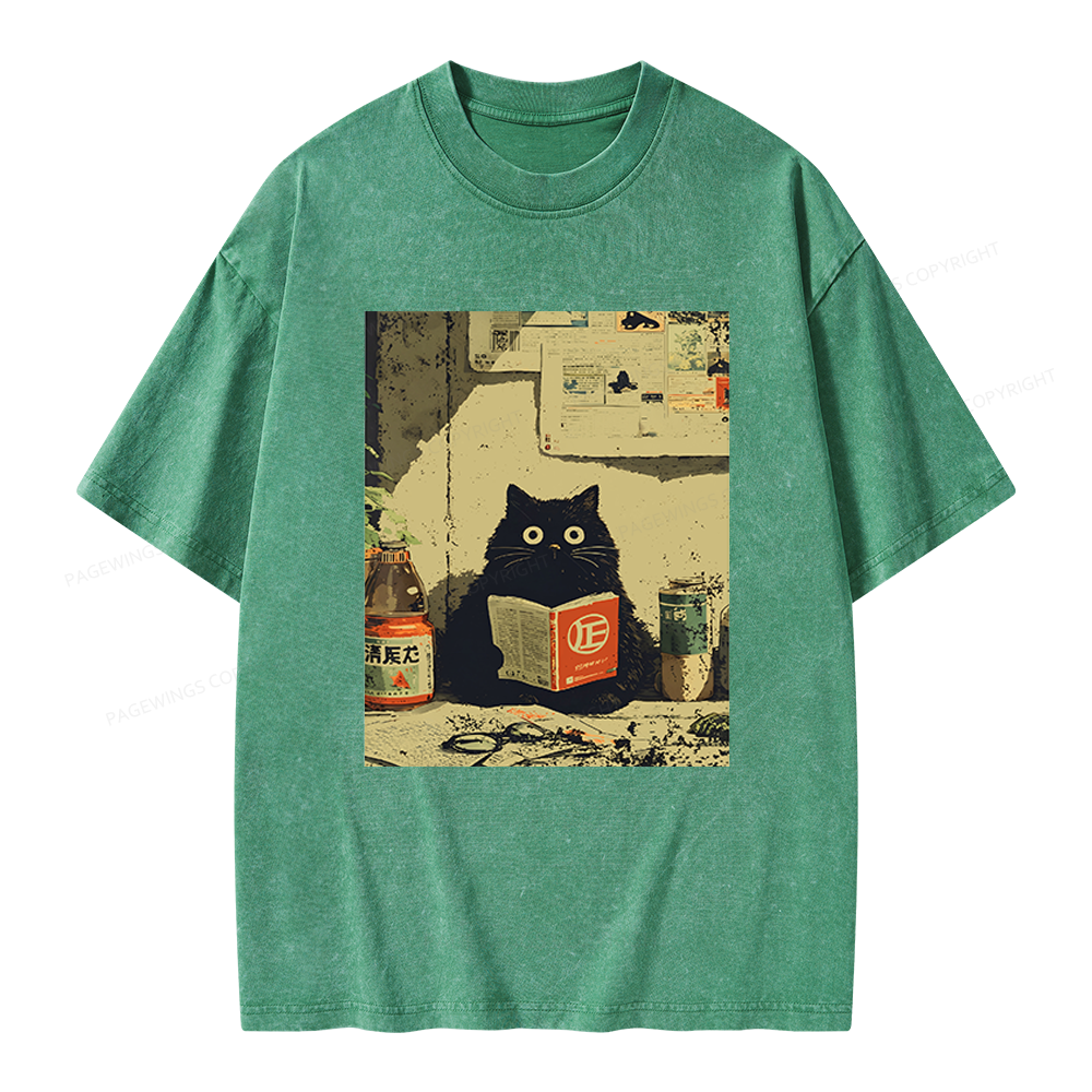 Pagewings Vintage Cat Book Unisex Washed T-shirt