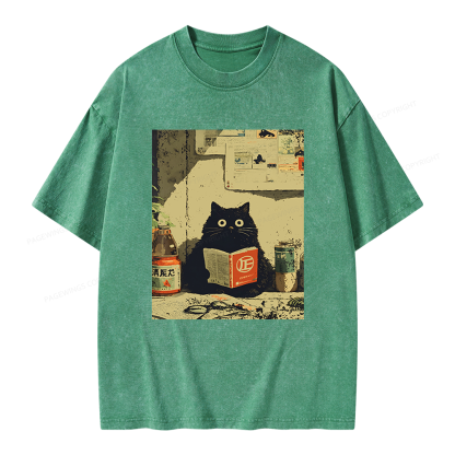 Pagewings Vintage Cat Book Unisex Washed T-shirt