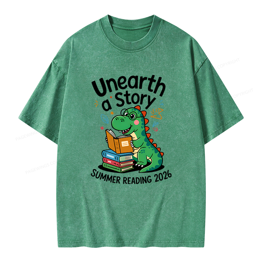 Pagewings Unearth a Story Dinosaur Summer Reading 2026 Unisex Washed T-shirt