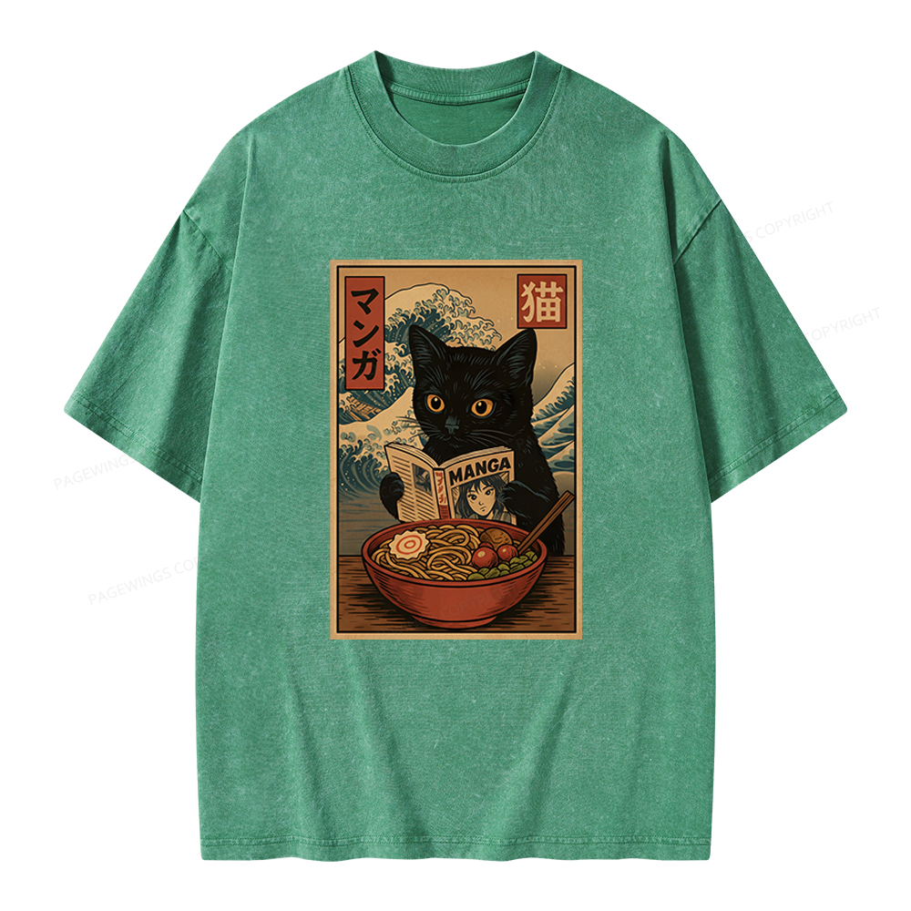 Pagewings Cat Reading Unisex Washed T-shirt