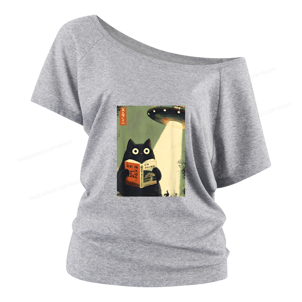 Pagewings Vintage Japanese Cat Book Lovers Women Off Shoulder T-shirts