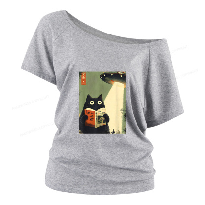 Pagewings Vintage Japanese Cat Book Lovers Women Off Shoulder T-shirts
