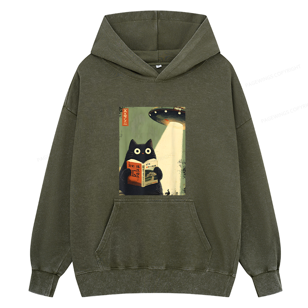Pagewings Vintage Japanese Cat Book Lovers Unisex Washed Hoodie