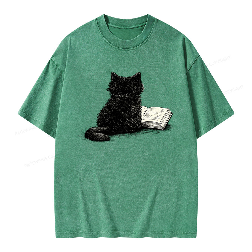 Pagewings Reading Cat Book Lover Unisex Washed T-shirt