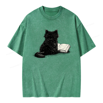 Pagewings Reading Cat Book Lover Unisex Washed T-shirt