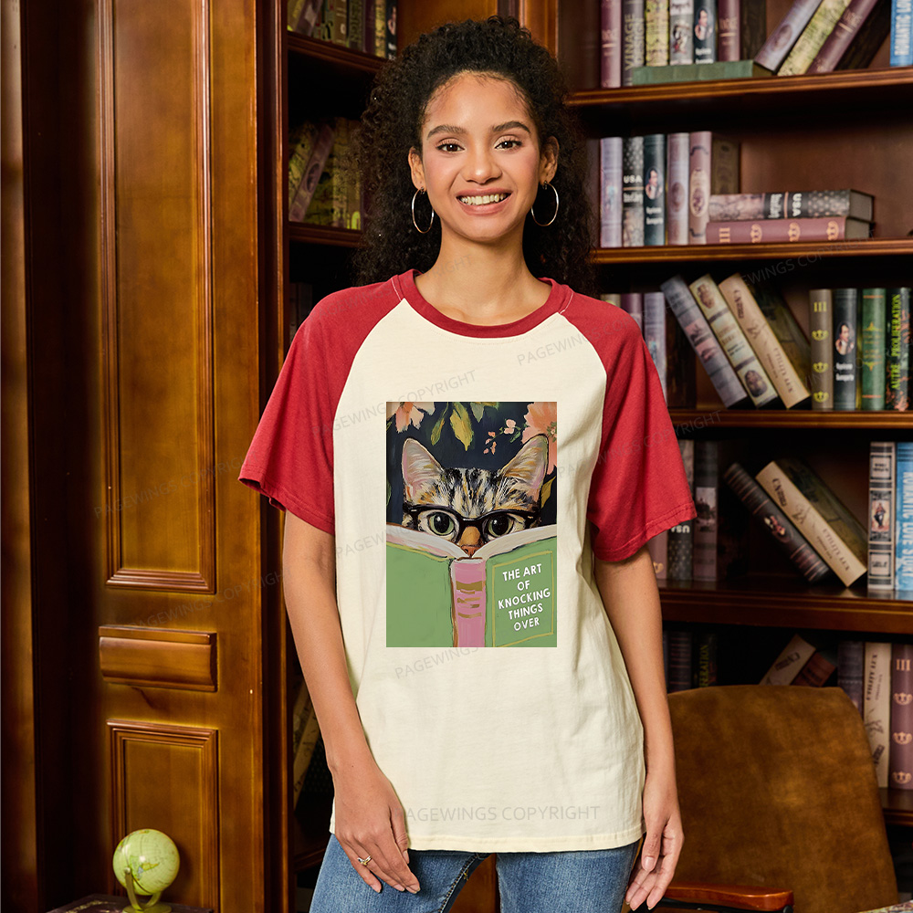 Pagewings Quirky Cat Reading Raglan T-shirt