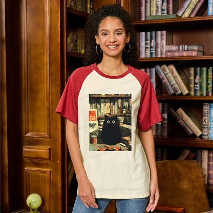 Pagewings Vintage Japanese Cat Book Lovers Raglan T-shirt
