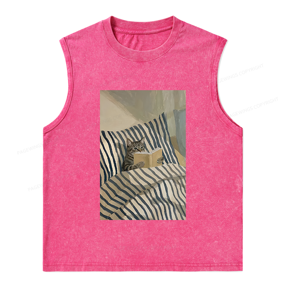 Pagewings Cat Reading Book Unisex Washed Tank Top