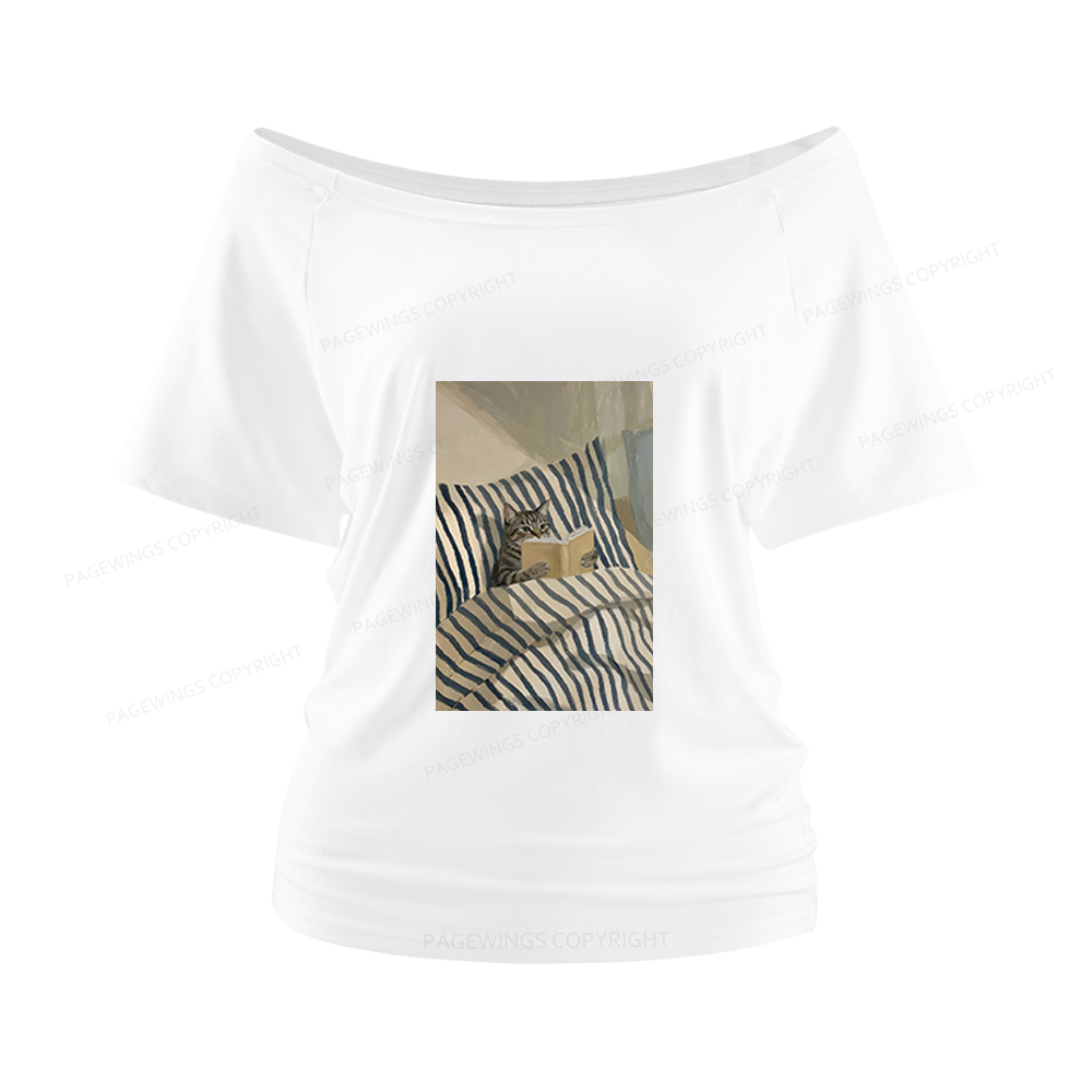 Pagewings Cat Reading Women Off Shoulder T-shirts