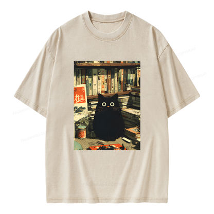 Pagewings Vintage Cat Book Lovers Unisex Washed T-shirt