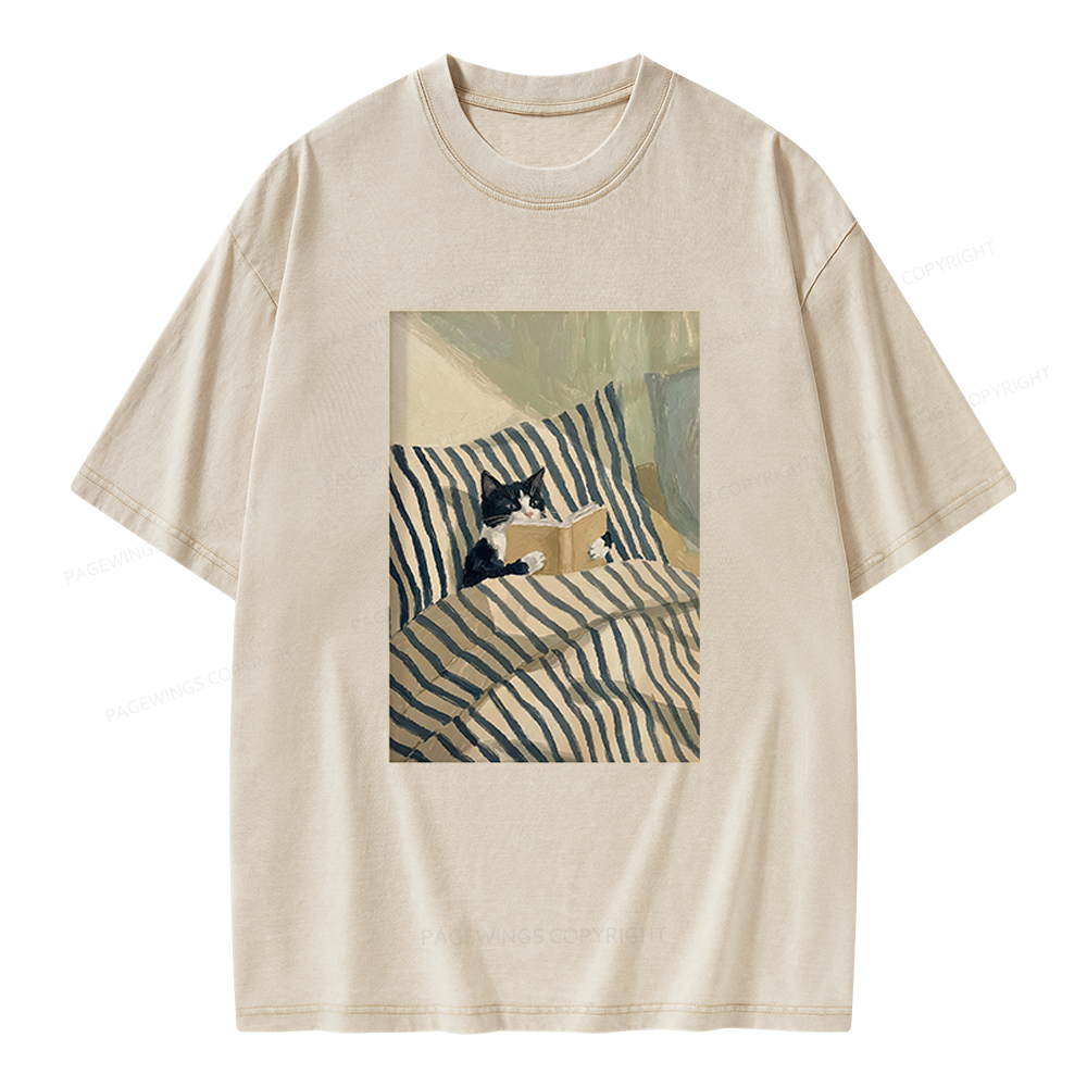 Pagewings Cat Reading Book Unisex Washed T-shirt