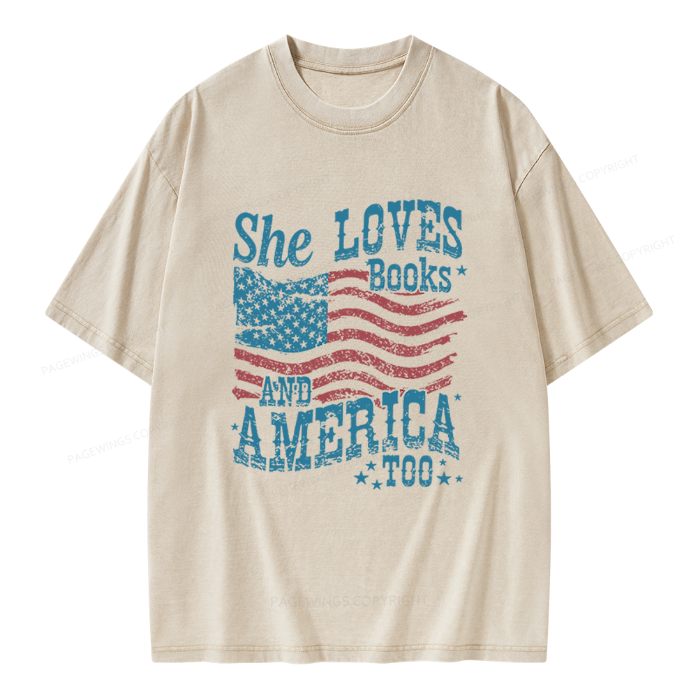 Pagewings She Loves Books And America Too Unisex Washed T-shirt